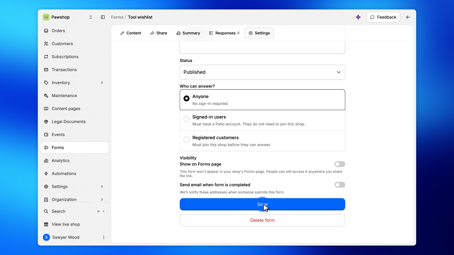15. Publish the form
