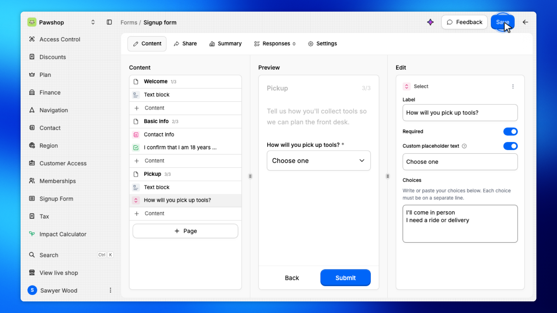 11. Save the form