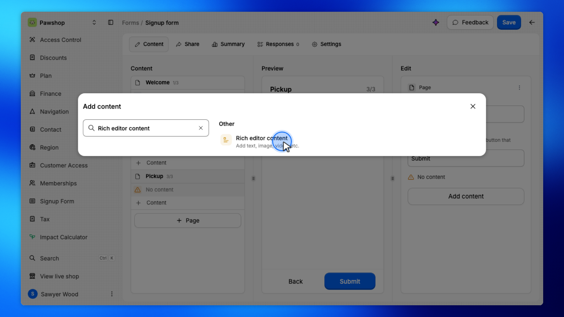 7. Choose Rich editor content