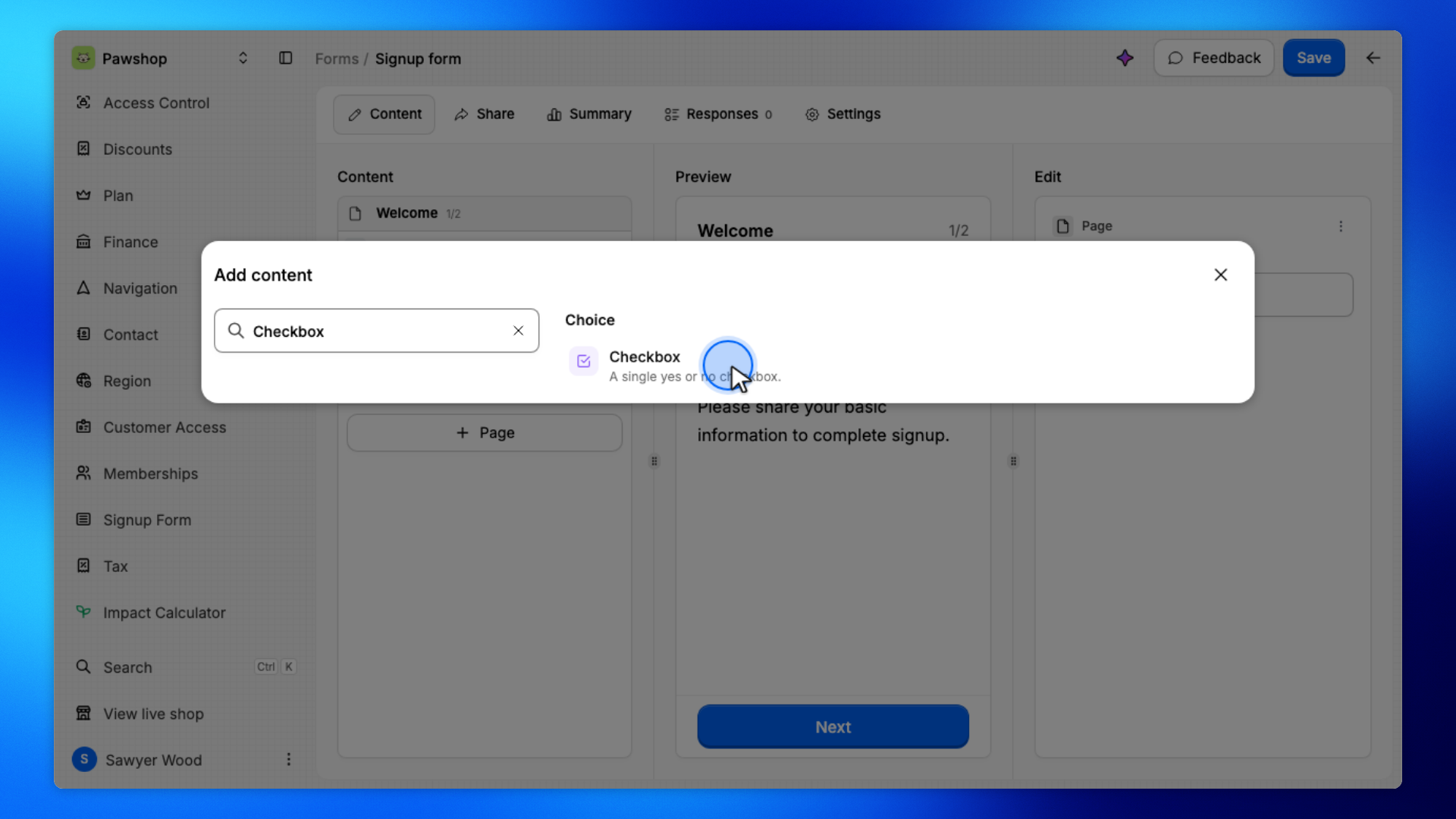 4. Choose Checkbox