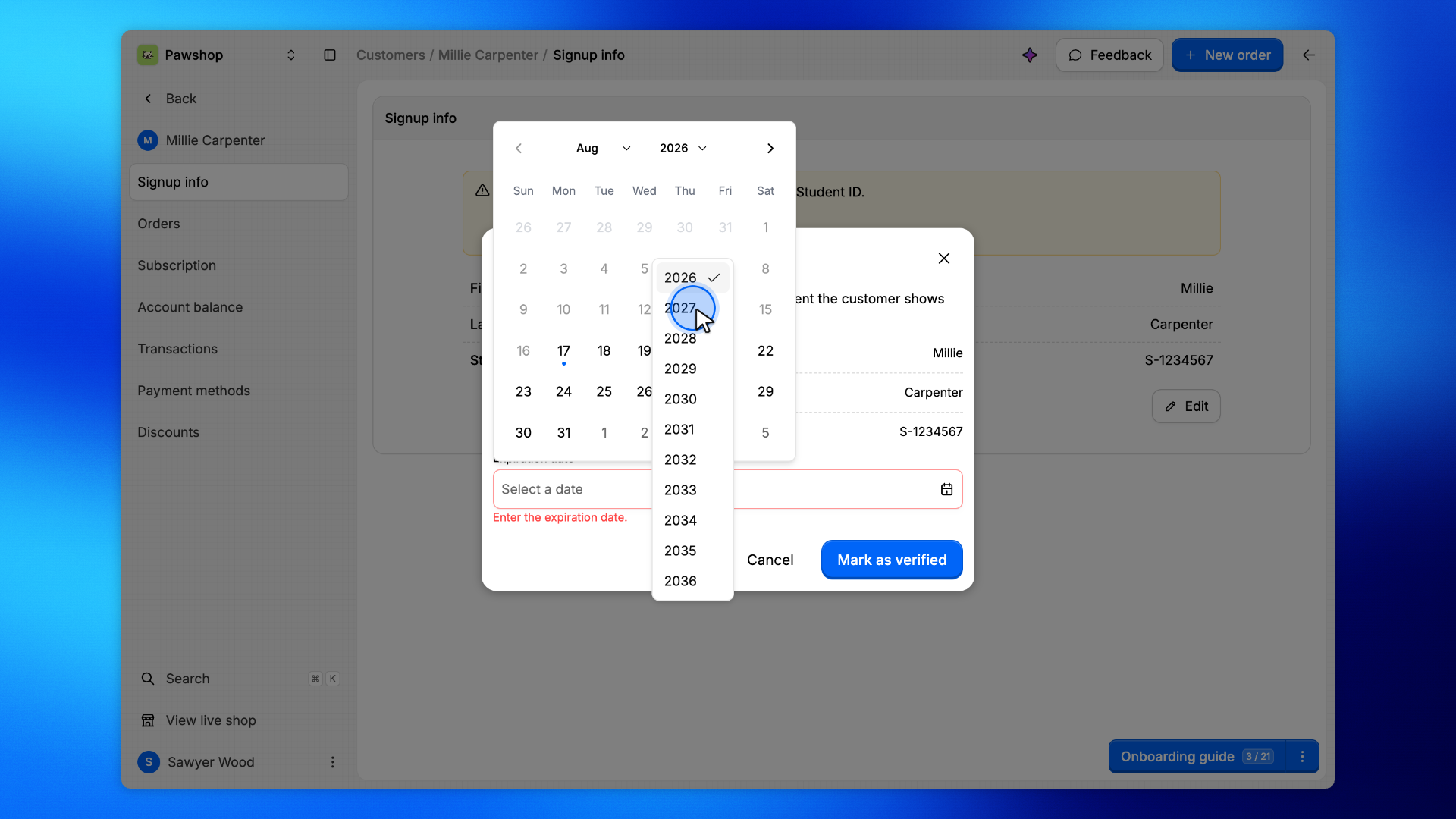 3. Enter the date printed on the card