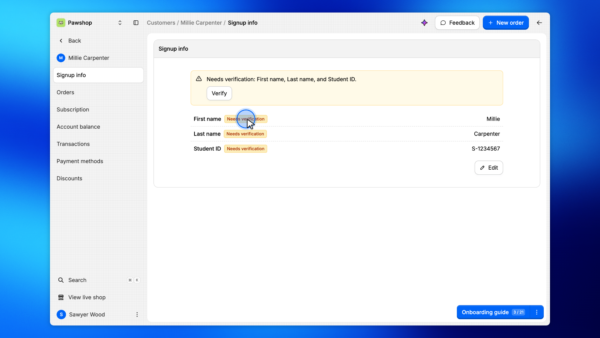 1. Open the customer's signup info